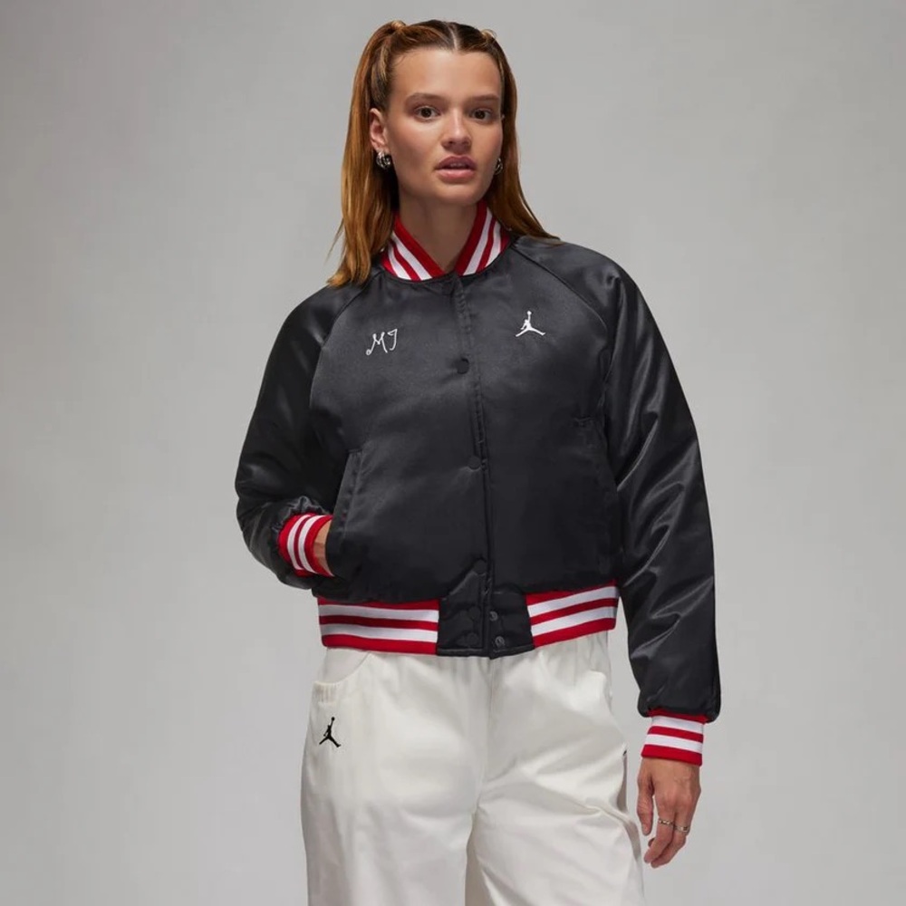 Jordan Women's Varsity Jacket Satin FB5152-010 Black/Red/White Size XL